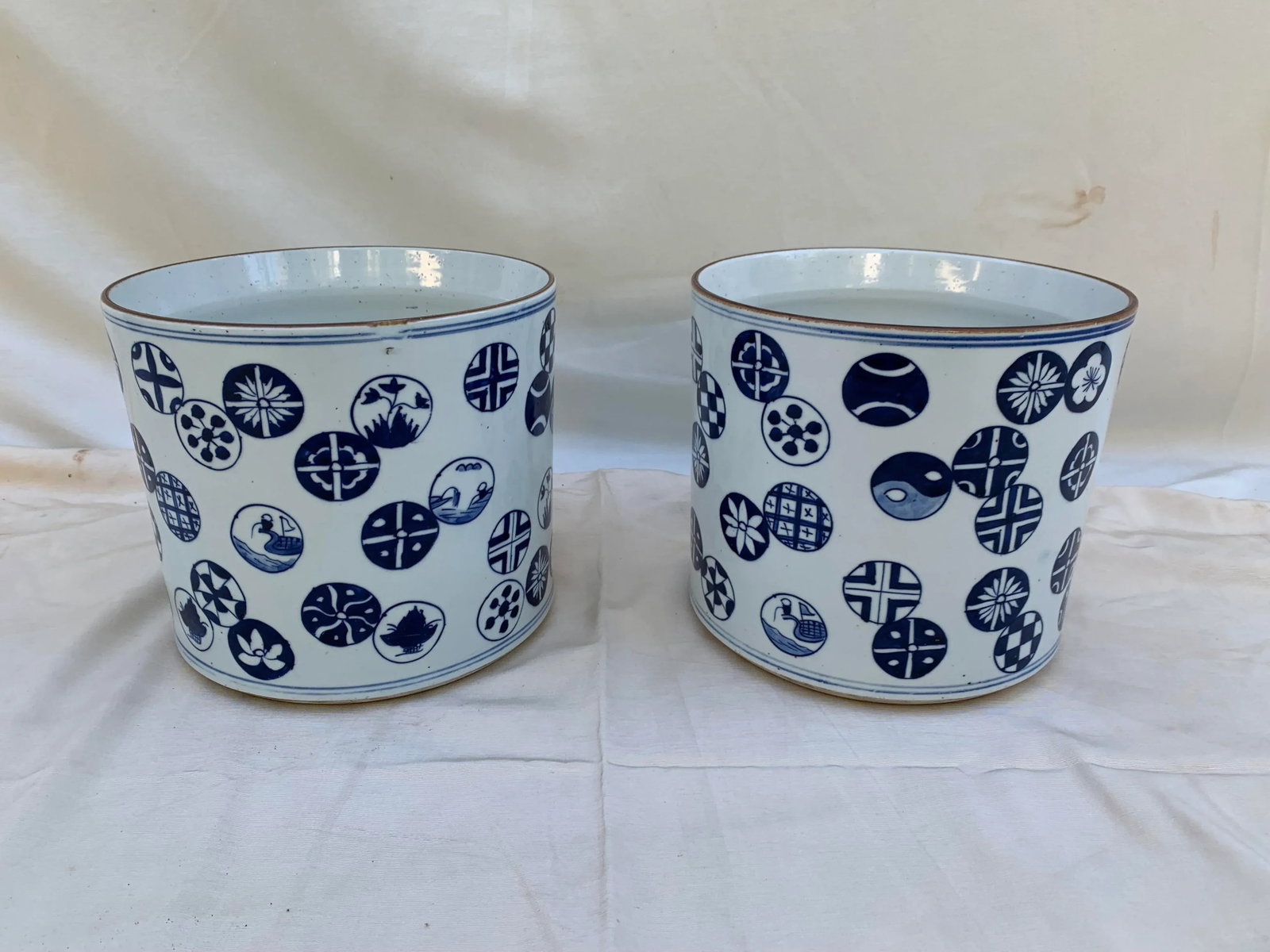 Vintage Japanese Hand Painted Ceramic Cachepots- Set of 2 - 2