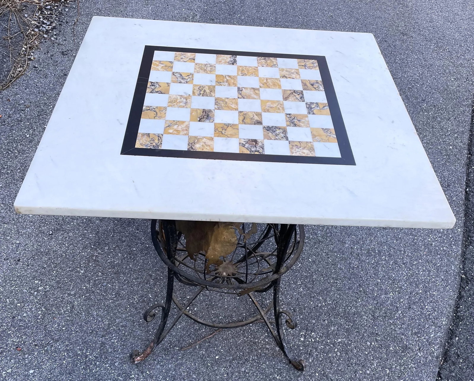 Wrought Iron World Globe Centered Table W/ Inlaid Marble Chess Board Top - 3