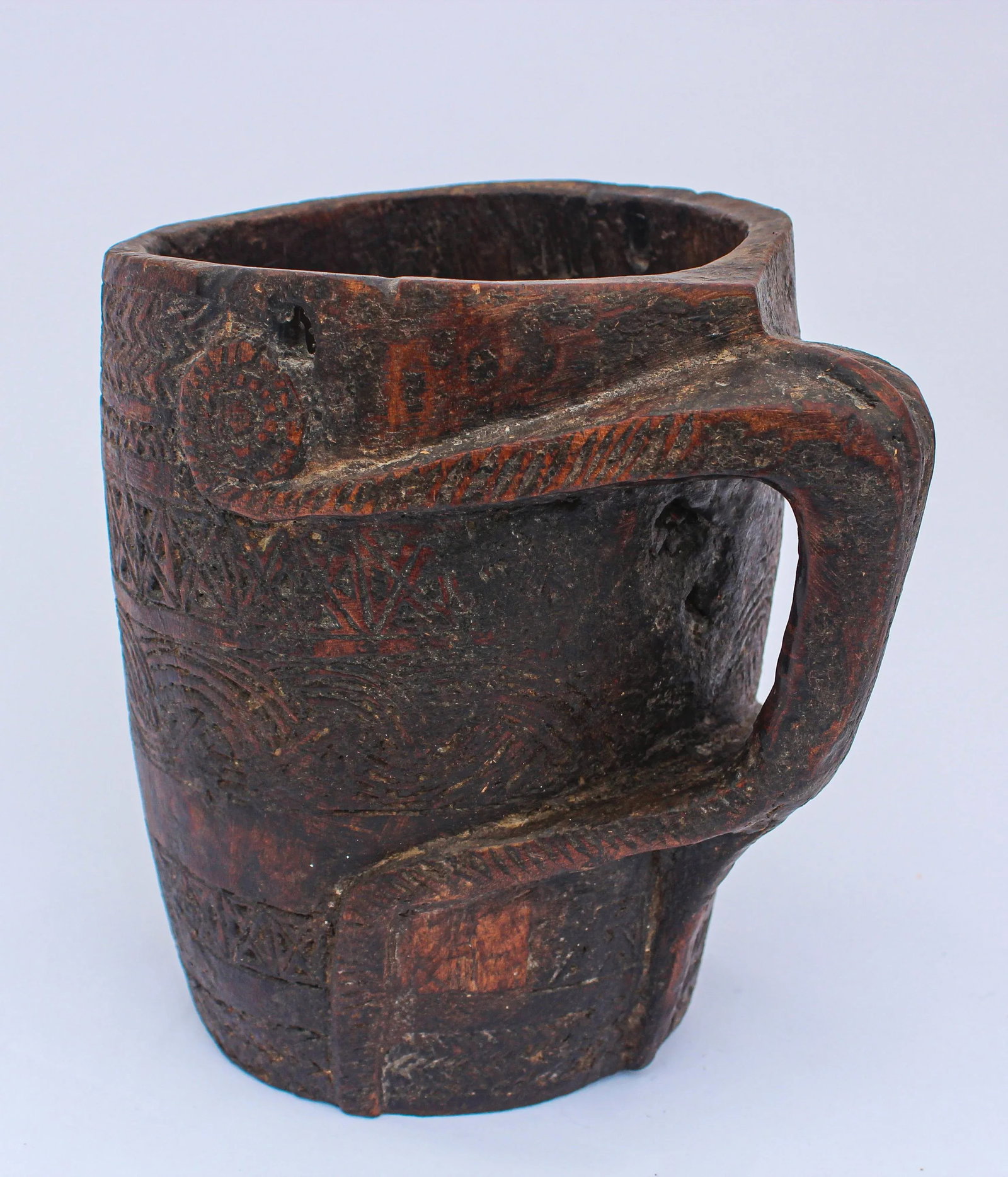 Hand Carved Tribal Wooden Nepalese Beaker Milk Pot With Handle - 2
