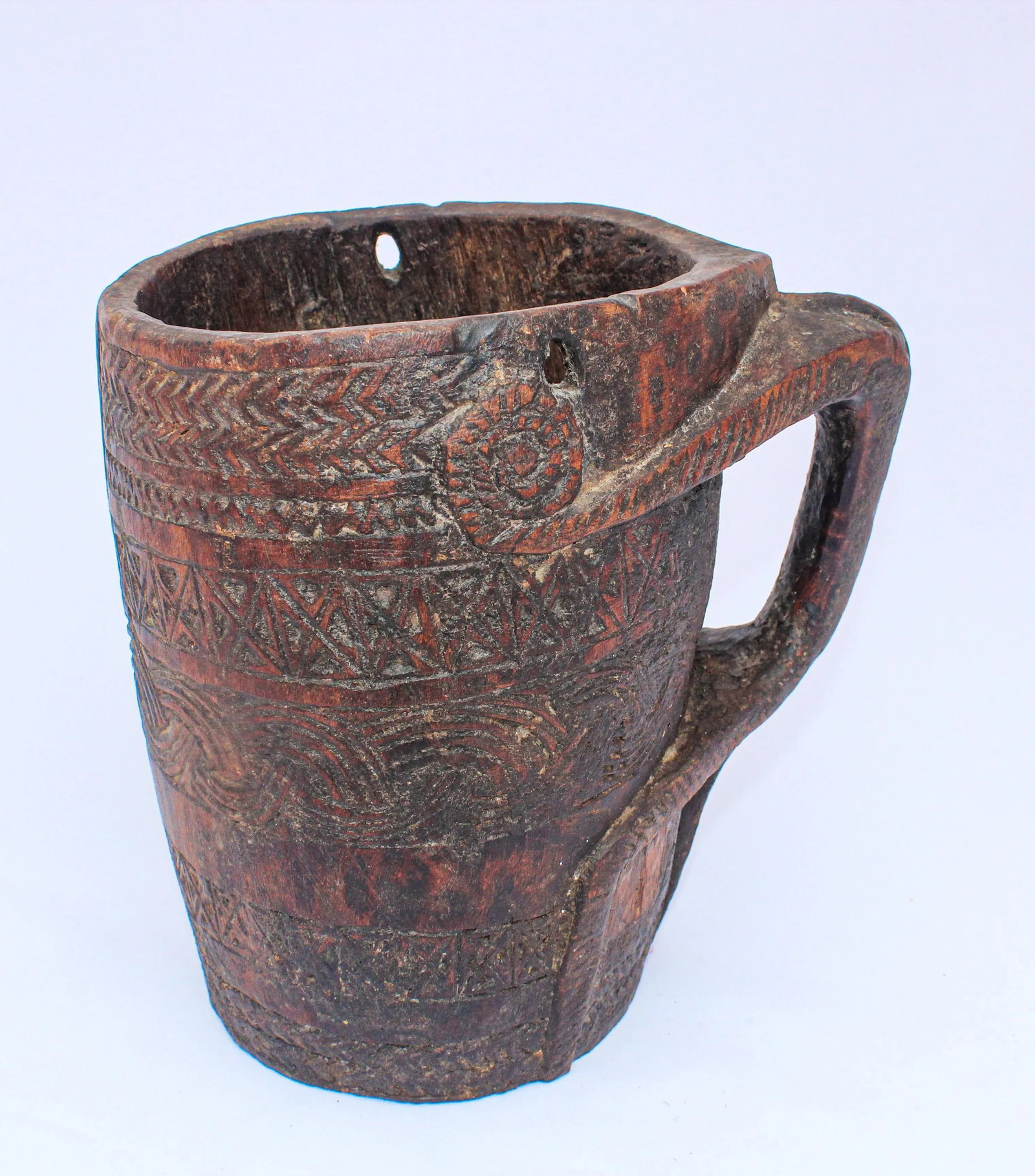 Hand Carved Tribal Wooden Nepalese Beaker Milk Pot With Handle - 8