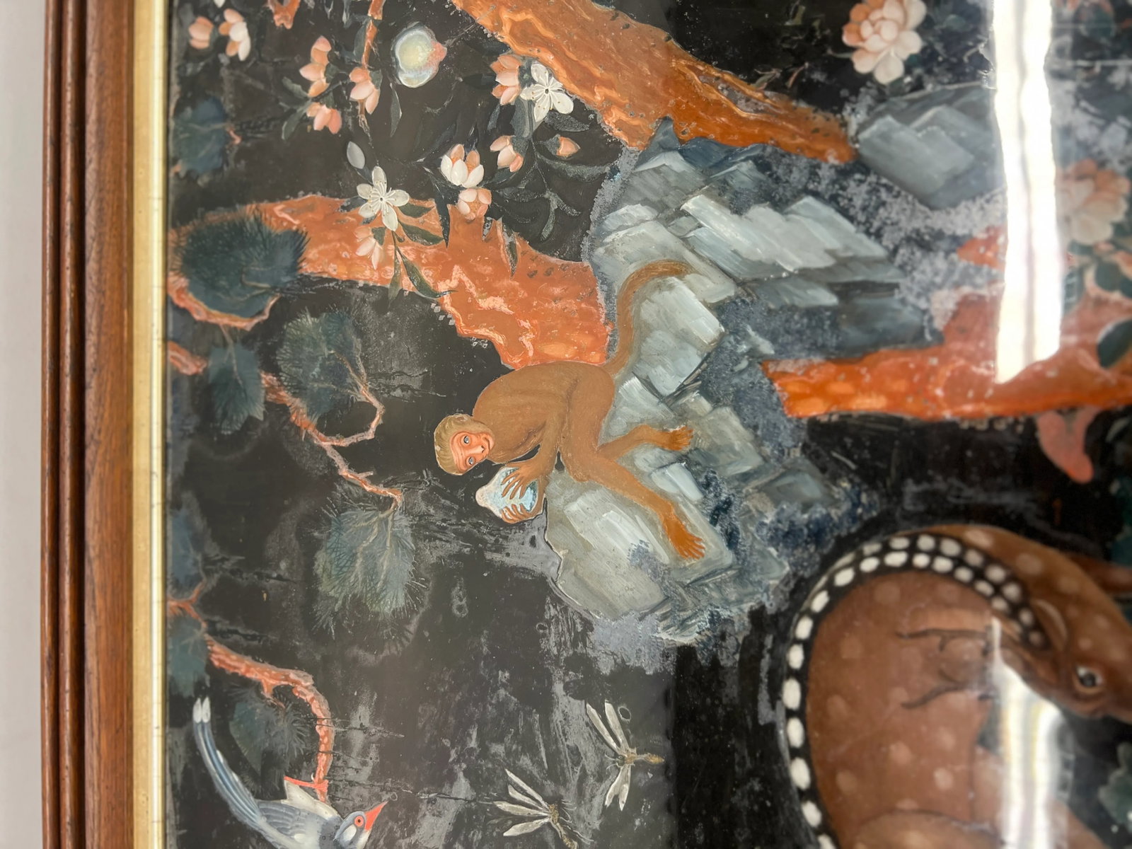 Early Chinese Export Reverse Glass Painting Depicting Deer, Monkeys & Wildlife Qing Dynasty - 9