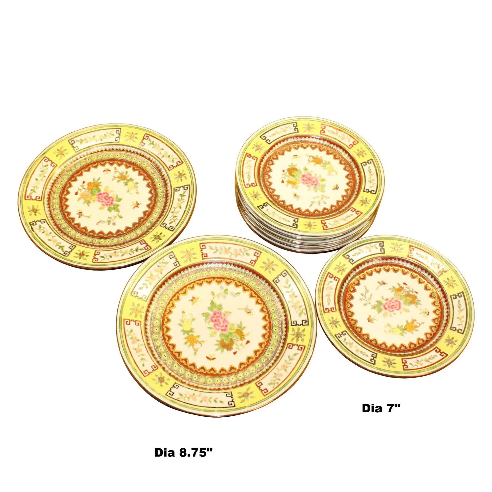 Set Chinese Vintage Yellow Floral Theme White Base Porcelain Teacups Plates - 6