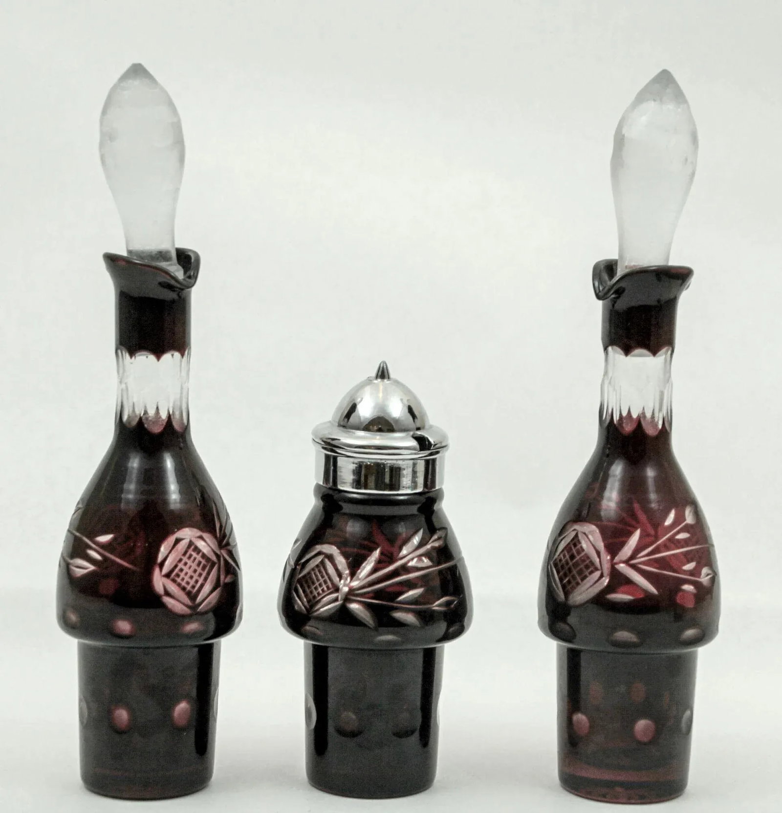 Bohemian Hand Cut Ruby Red Cut Crystal Condiment Cruet Set - 2