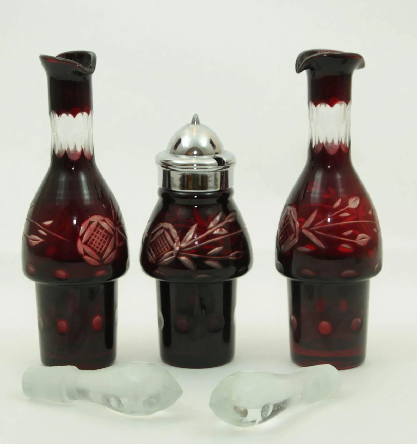 Bohemian Hand Cut Ruby Red Cut Crystal Condiment Cruet Set - 3