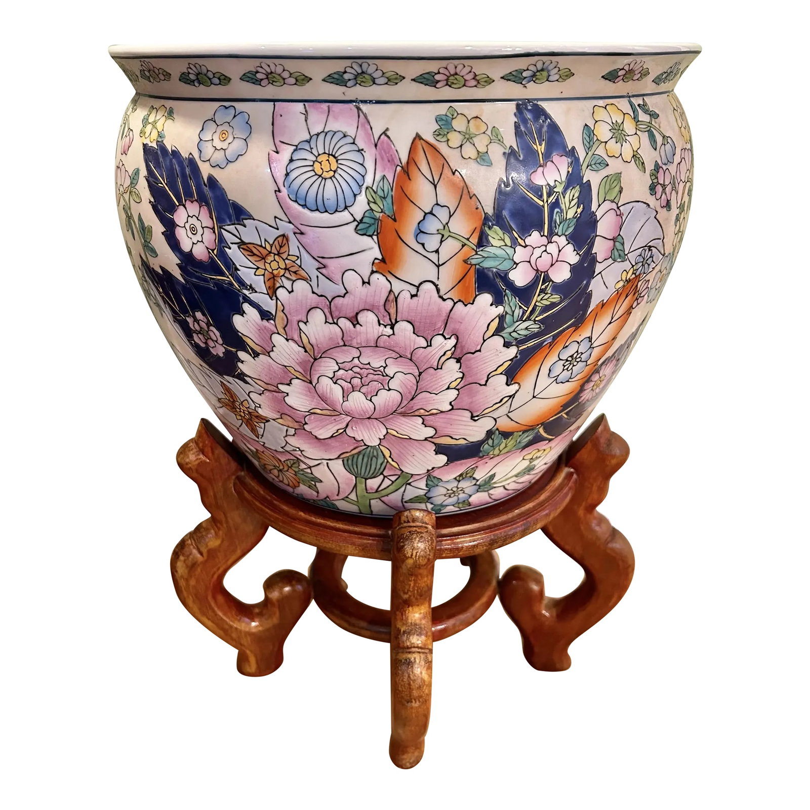 Mid 20th Century Chinoiserie Tobacco Leaf Fishbowl Planter With Stand (1 of 9)