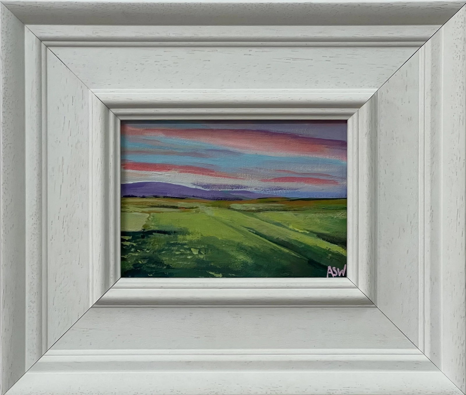 Miniature Landscape of the East Coast of Scottish Highlands by British Artist, 2022: Miniature Landscape of the East Coast of the Scottish Highlands by Contemporary British Artist Angela Wakefield. Brora Beach, Scotland. Art measures 7 x 5 inches Frame measures 12 x 10 inches Angela