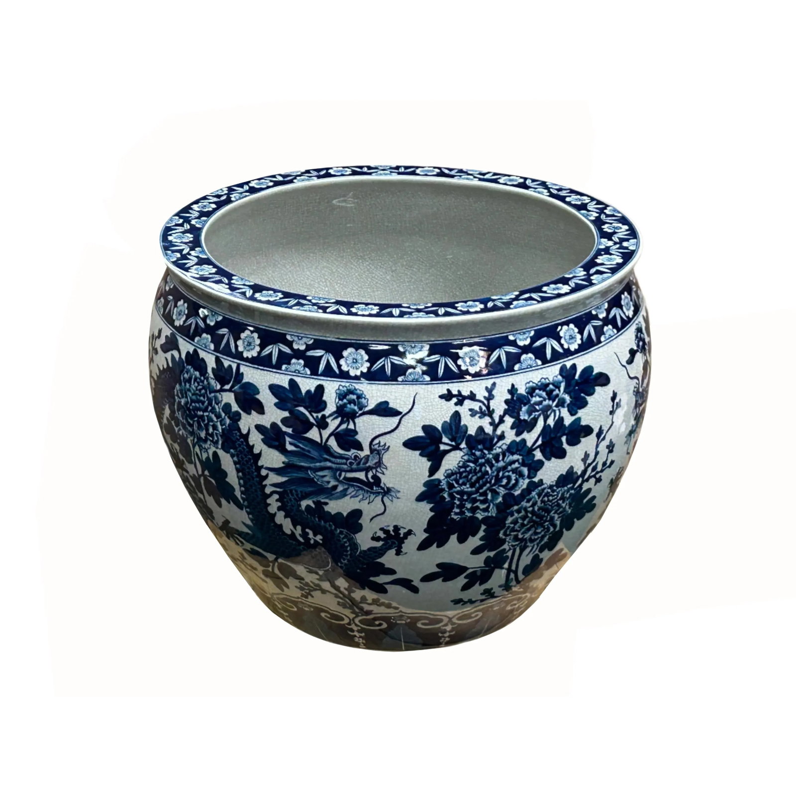 Chinese Crackle Base Blue White Double Dragon Peony Porcelain Pot - 2