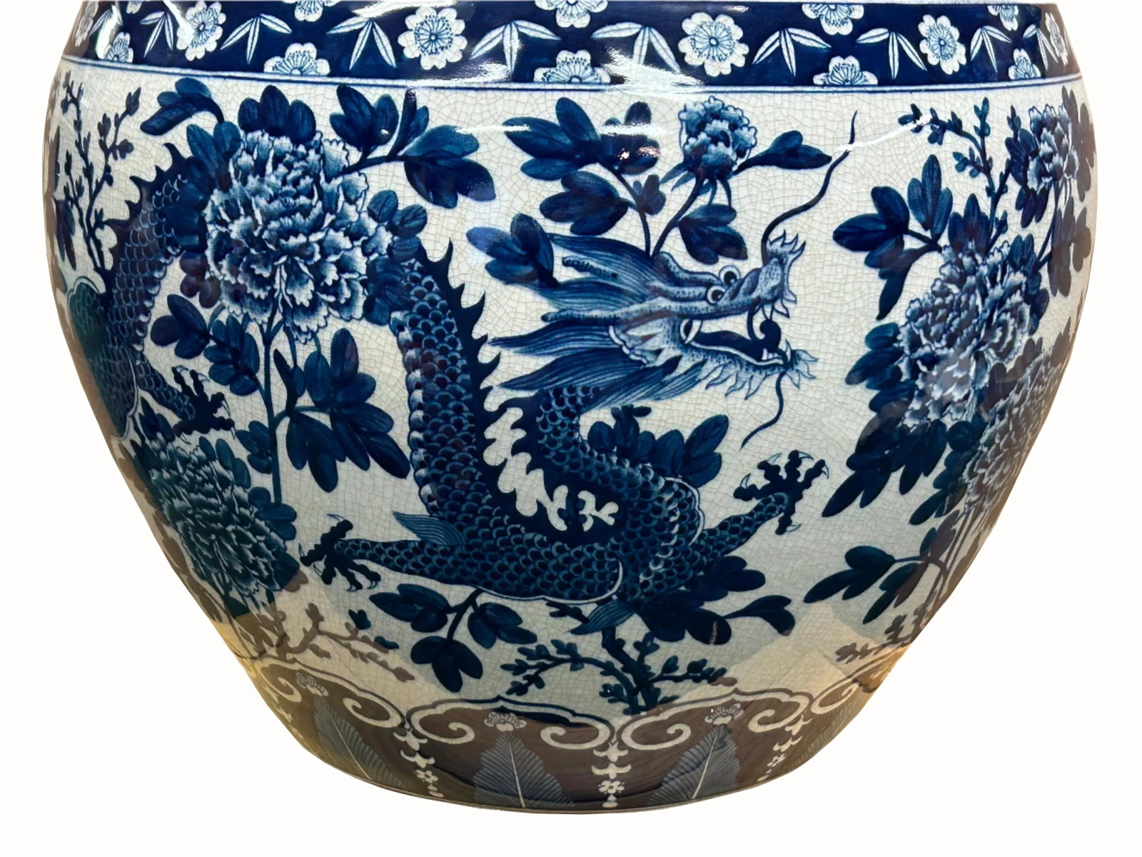 Chinese Crackle Base Blue White Double Dragon Peony Porcelain Pot - 7