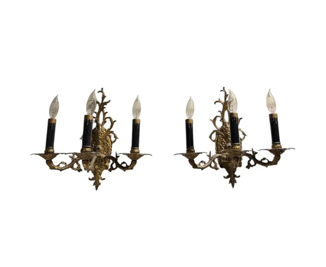 Pair of Vintage Bronze Three Arm Wall Sconces - 2