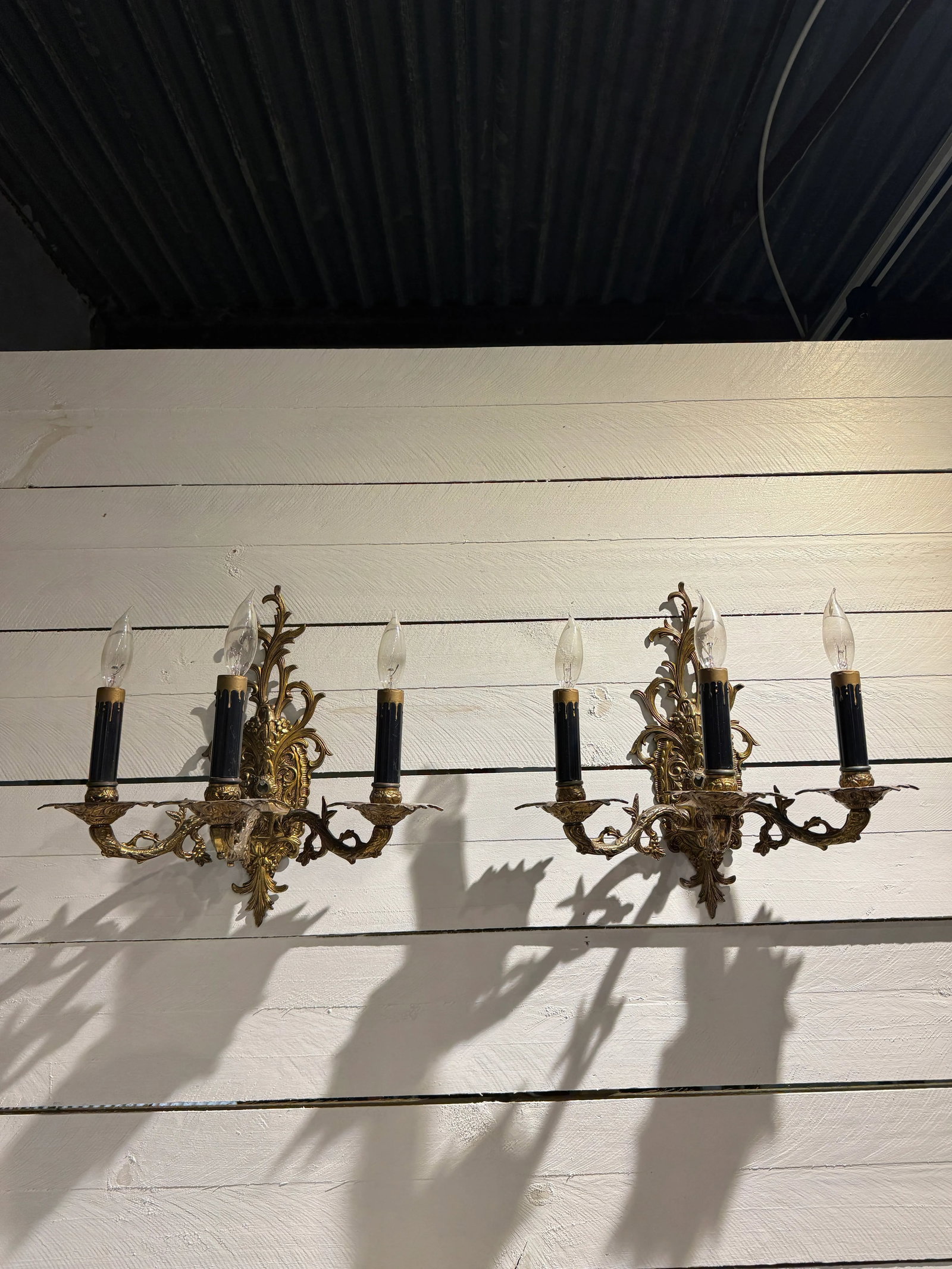 Pair of Vintage Bronze Three Arm Wall Sconces - 3