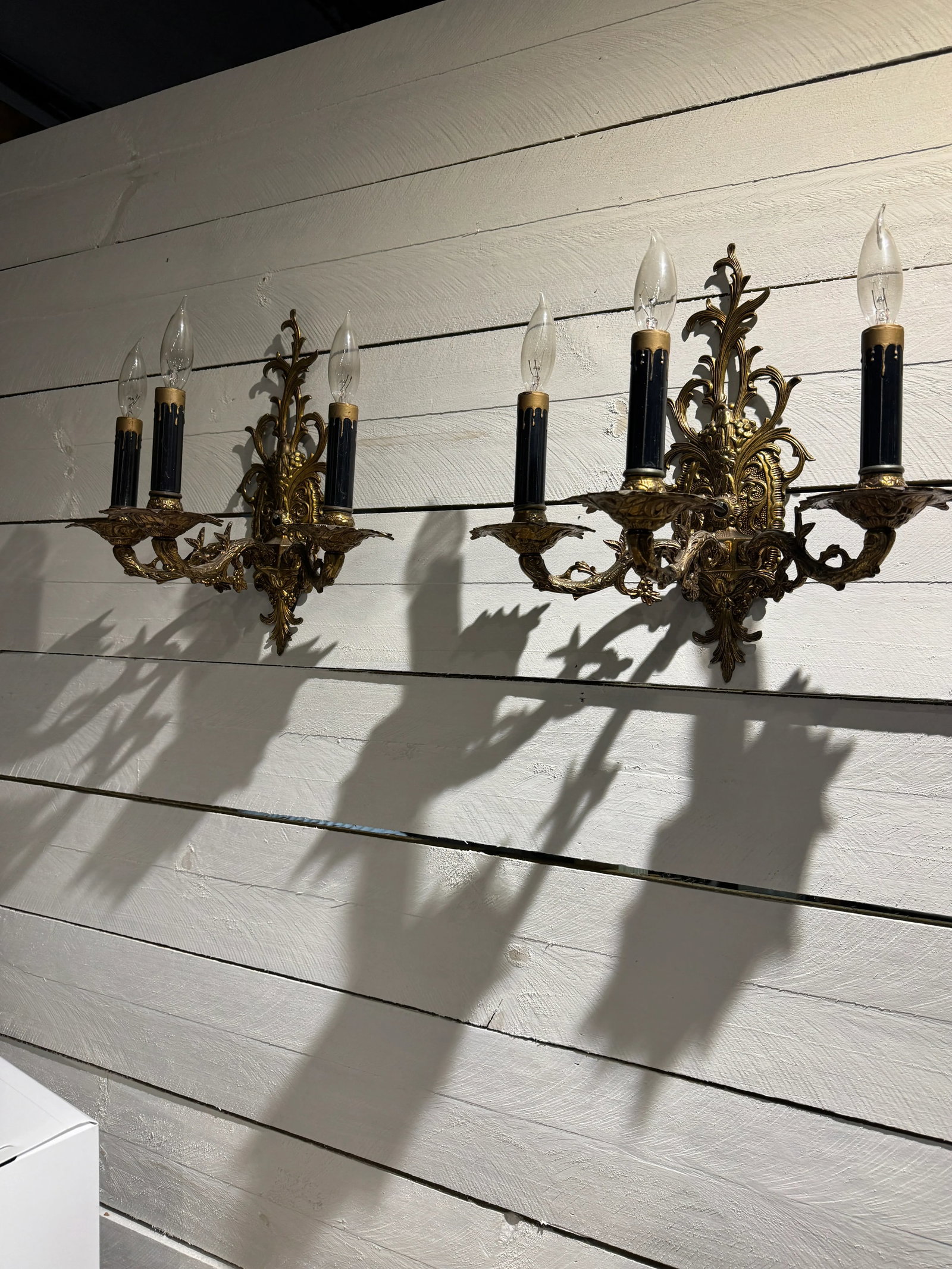 Pair of Vintage Bronze Three Arm Wall Sconces - 4