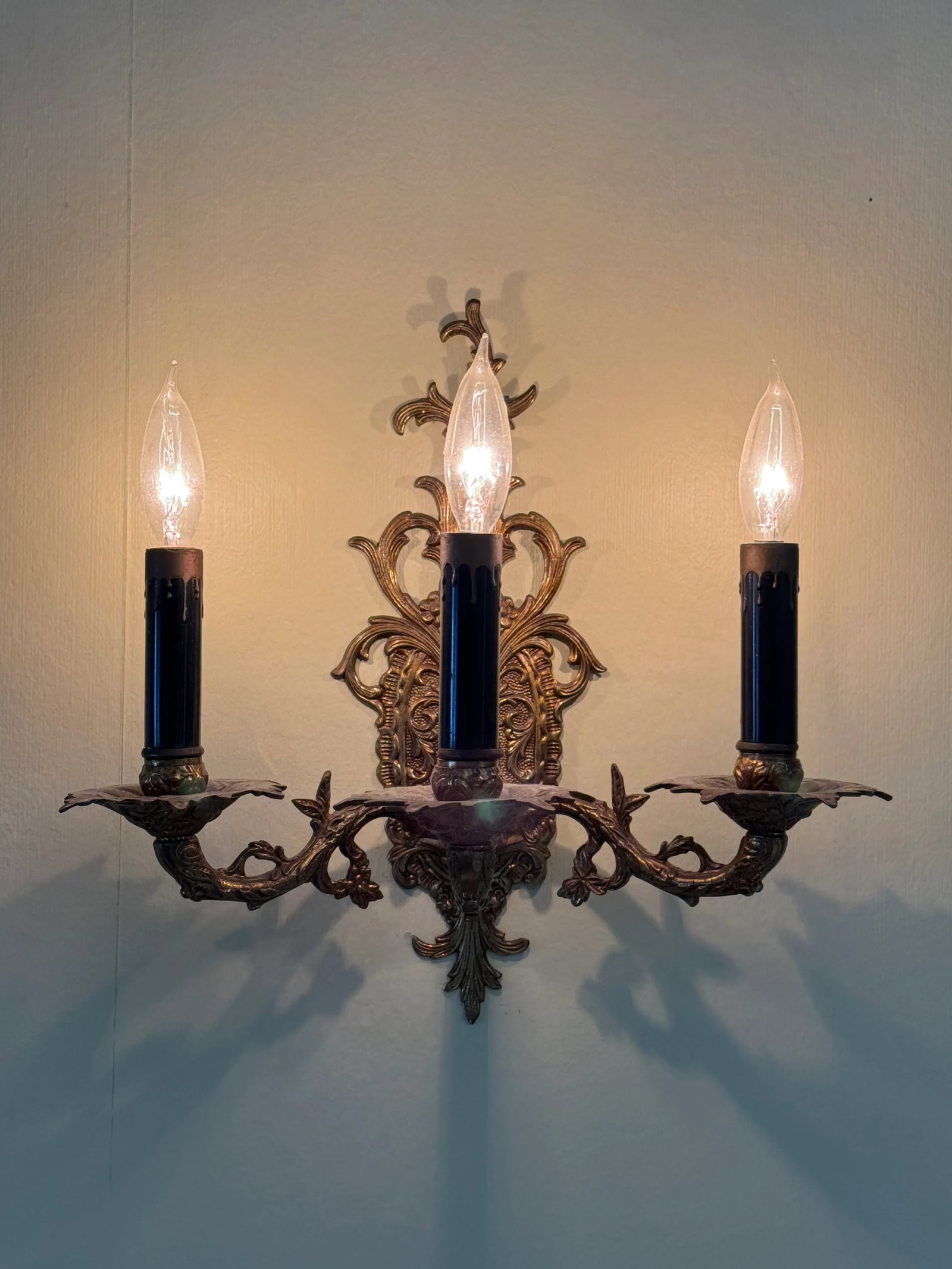 Pair of Vintage Bronze Three Arm Wall Sconces - 5