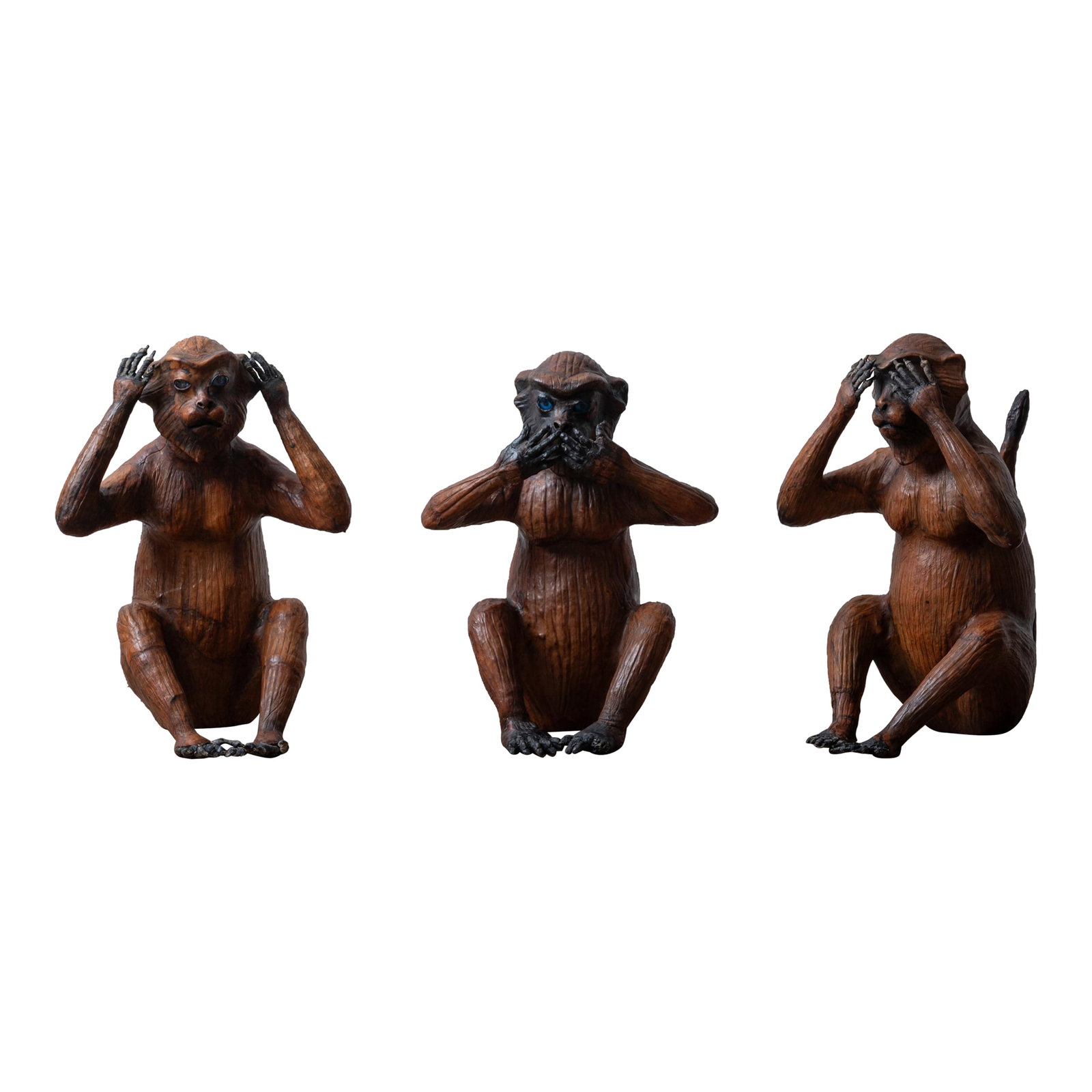 Three Wise Monkeys Leather Sculptures: A vintage group of leather wrapped figural sculptures depicting the three wise monkeys. Approximately 11 Â½ inches wide by 13 Â½ inches deep by 16 inches tall Condition: