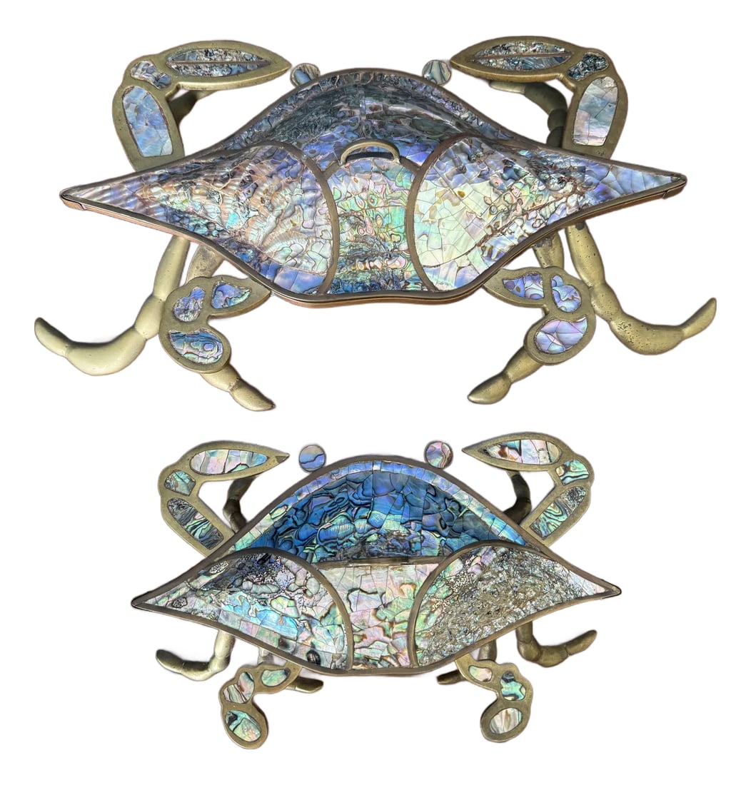 1970s Pair of Brass Crab Sculptures Trinket Box: Pair of brass and abalone shell crab sculptures trinket box made in Mexico in the manner of Los Castillos Large is 15" x 9" x 4" high Small is 9" x 5" x 3" high Condition: Alterations: Original