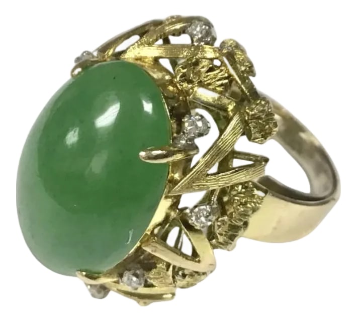 Jade and Diamond Cocktail Ring, 14k Yellow Gold: 14k yellow gold jade and diamond cocktail ring, 11.00 Grams TW. Approximately 10 Carats. Tested 14k. Approximate size 4.5. Condition: Alterations: Original Condition Unaltered Imperfections: Some