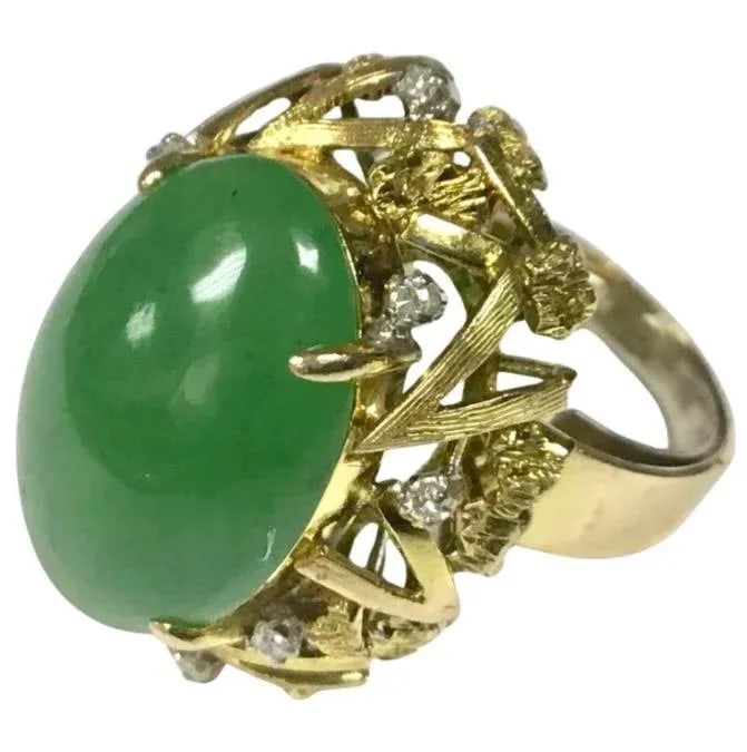 Jade and Diamond Cocktail Ring, 14k Yellow Gold - 7