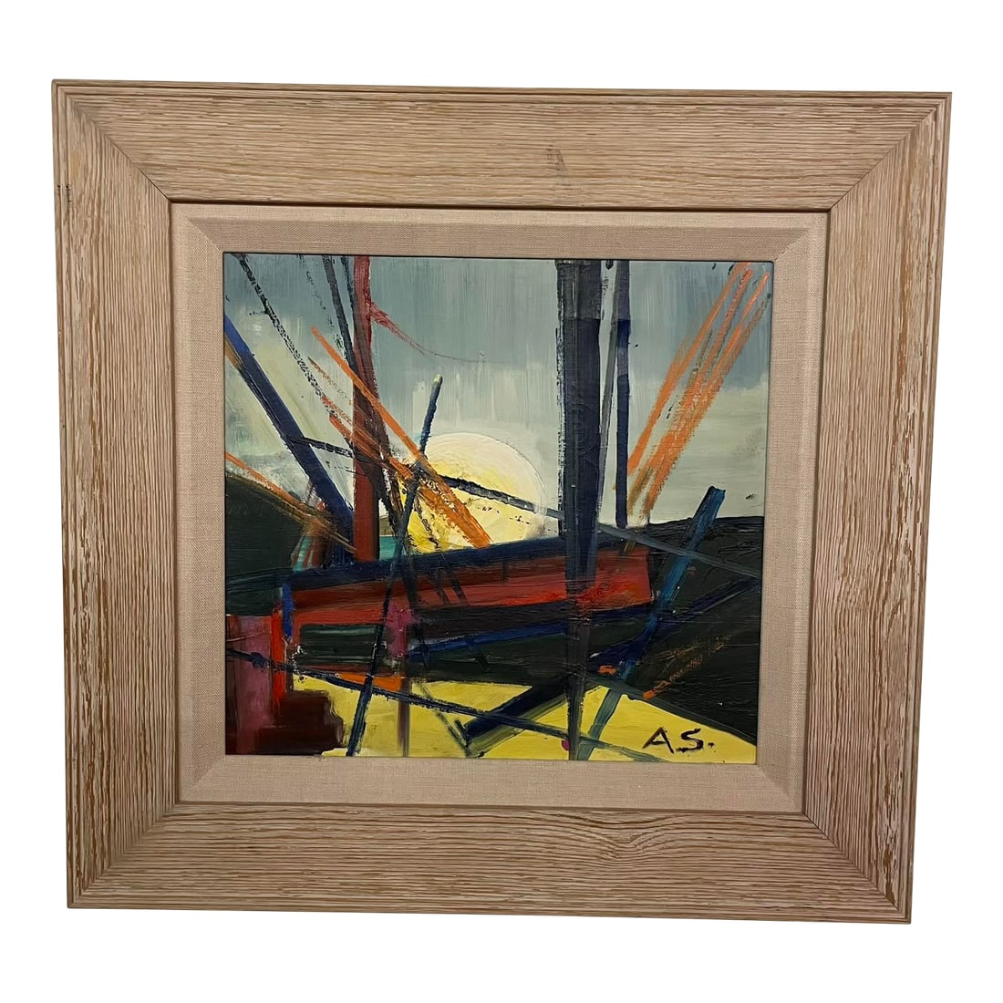 Albert E. Smith 1976 Abstract Oil Painting on Canvas Titled Sunset I - Framed: A striking original abstract by Albert E. Smith (1929-2008, San Francisco, CA), signed "A.S." lower right and signed on the reverse, with a nearly illegible title on the back that reads Sunset I.