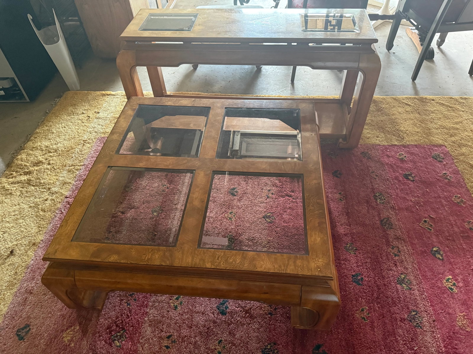 Classy Burlwood and Smoked Glass Square Coffee Table Attributed to Baker Furniture and James Mont - 2