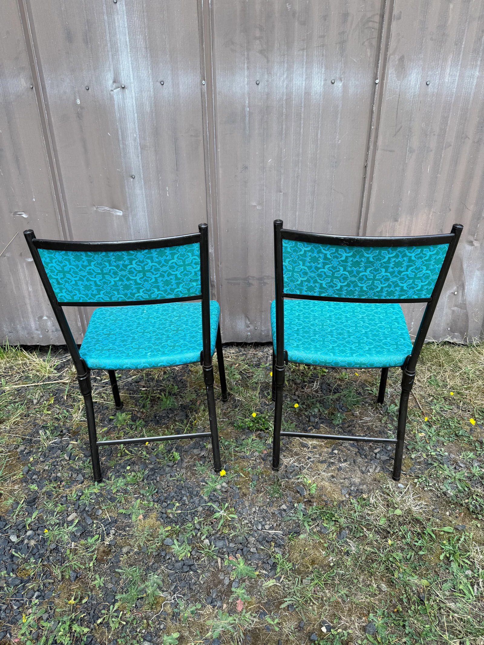 MCM Atomic Age Cosco Blue Flower Metal Folding Chairs - Set of 2 - 7