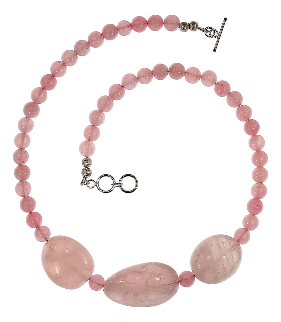 Ajd 20 Inch Rose Quartz Necklace Featuring Three Gorgeous Large Freeform Gems: Rose Quartz Necklace This stunning 20-inch rose quartz necklace is a true statement piece, designed to bring both elegance and meaning to your jewelry collection. It features three large, freeform