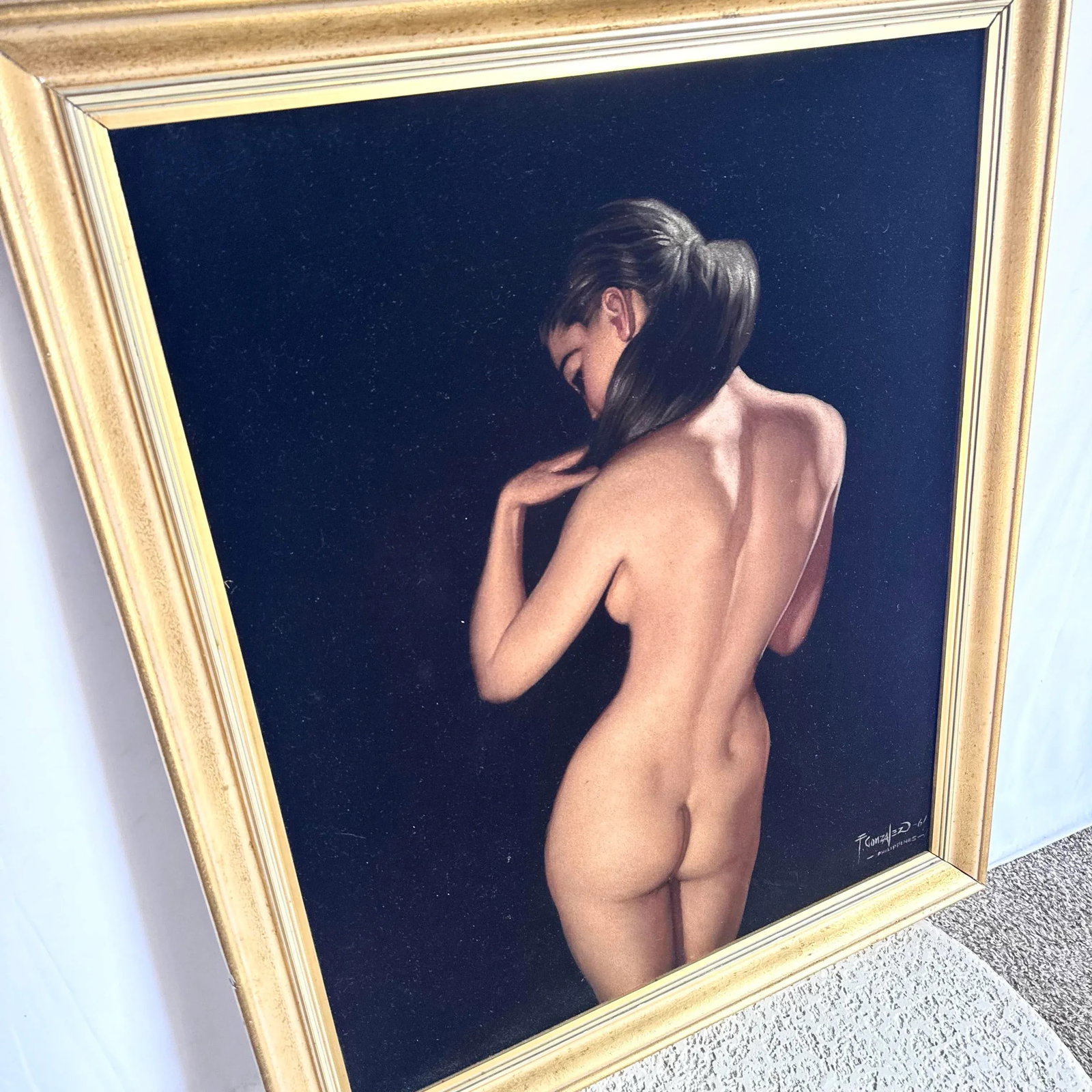Framed Hand Painted Nude Woman on Black Velvet - 3