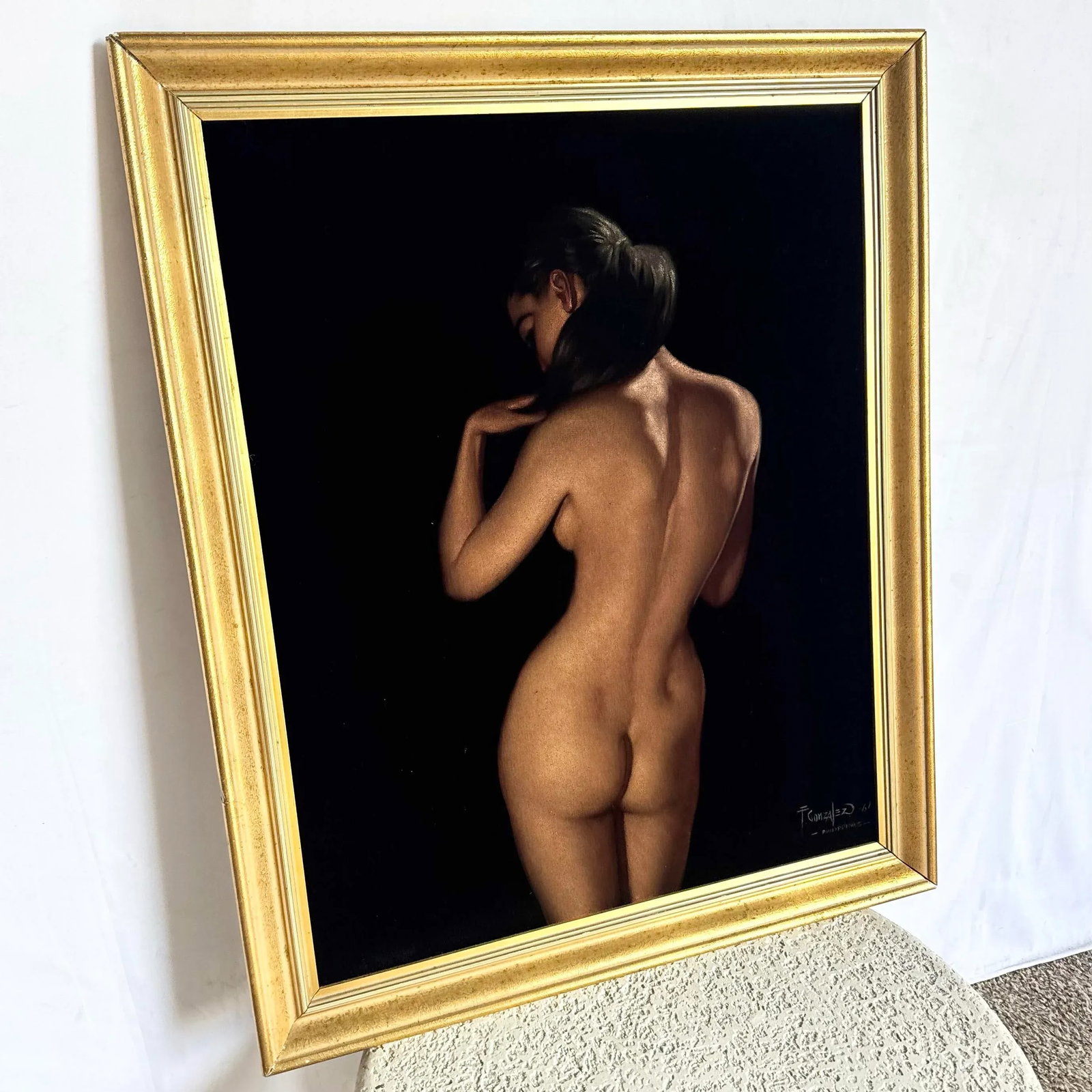Framed Hand Painted Nude Woman on Black Velvet - 6