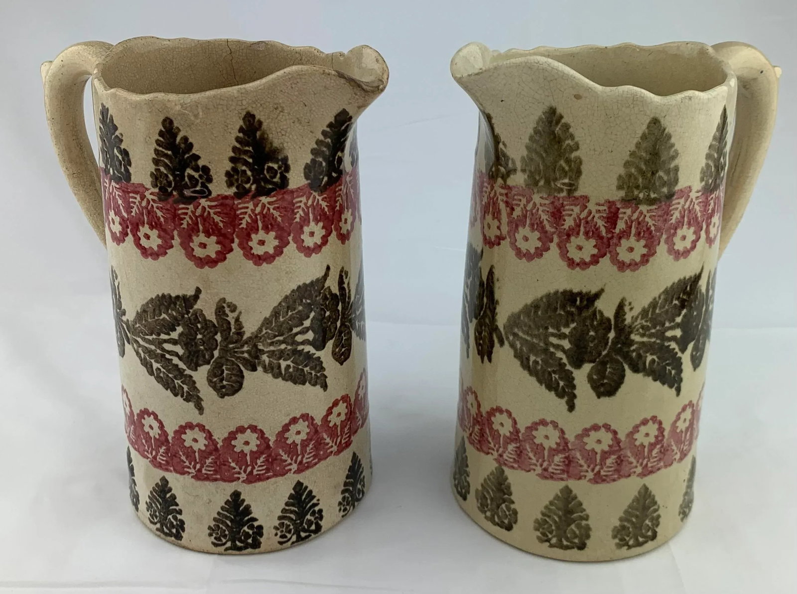 Antique Hand Painted Spongeware Pitchers - Set of 2 - 2