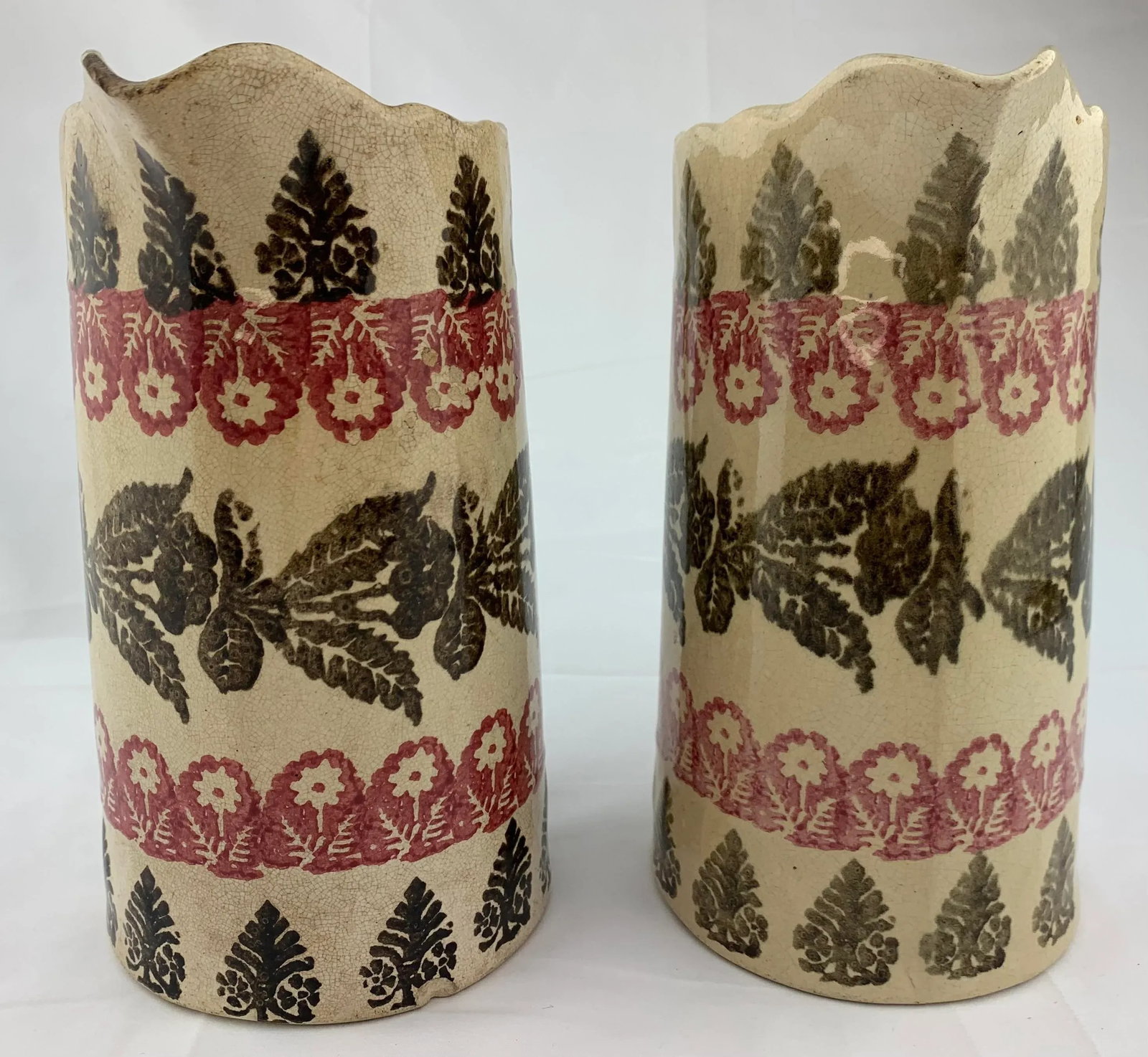 Antique Hand Painted Spongeware Pitchers - Set of 2 - 7