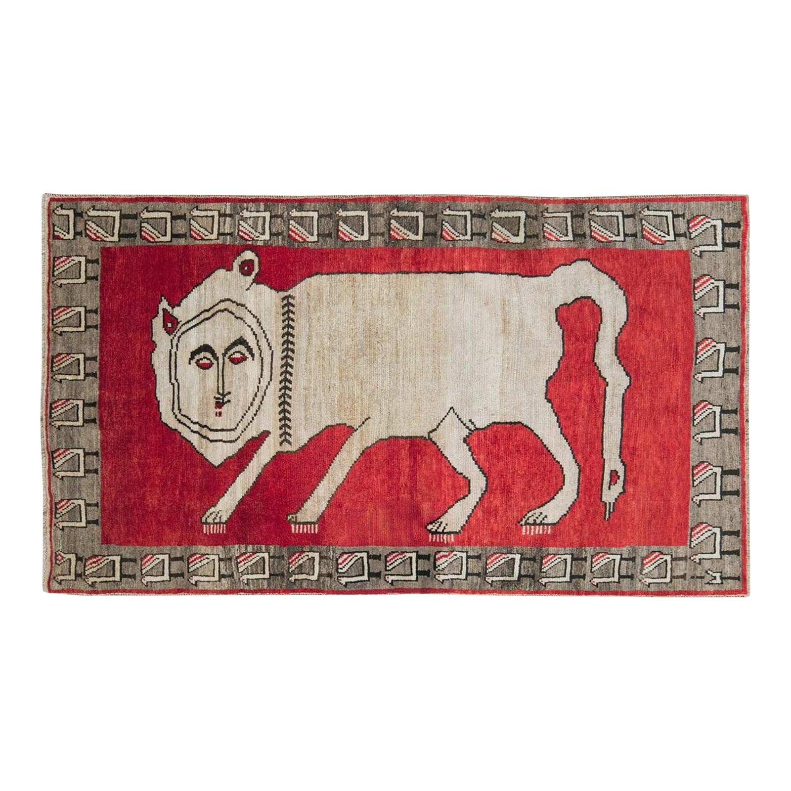 Tribal Mid-20th Century Handmade Persian Pictorial Gabbeh Accent Rug: A vintage Persian Gabbeh tribal accent rug handmade during the mid-20th century with a pictorial design of a lion. Measures: 4' 0" x 7' 0". Condition: Alterations: Original Condition Unaltered Imperfe