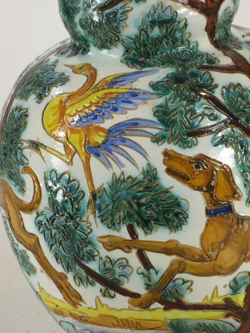 1900s Large Ceramic Vase Majolica Italian WITH 3 DOG & BIRDS Made Italy Neo-Classic - 2