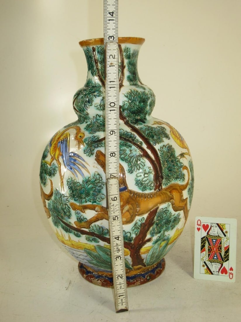 1900s Large Ceramic Vase Majolica Italian WITH 3 DOG & BIRDS Made Italy Neo-Classic - 7