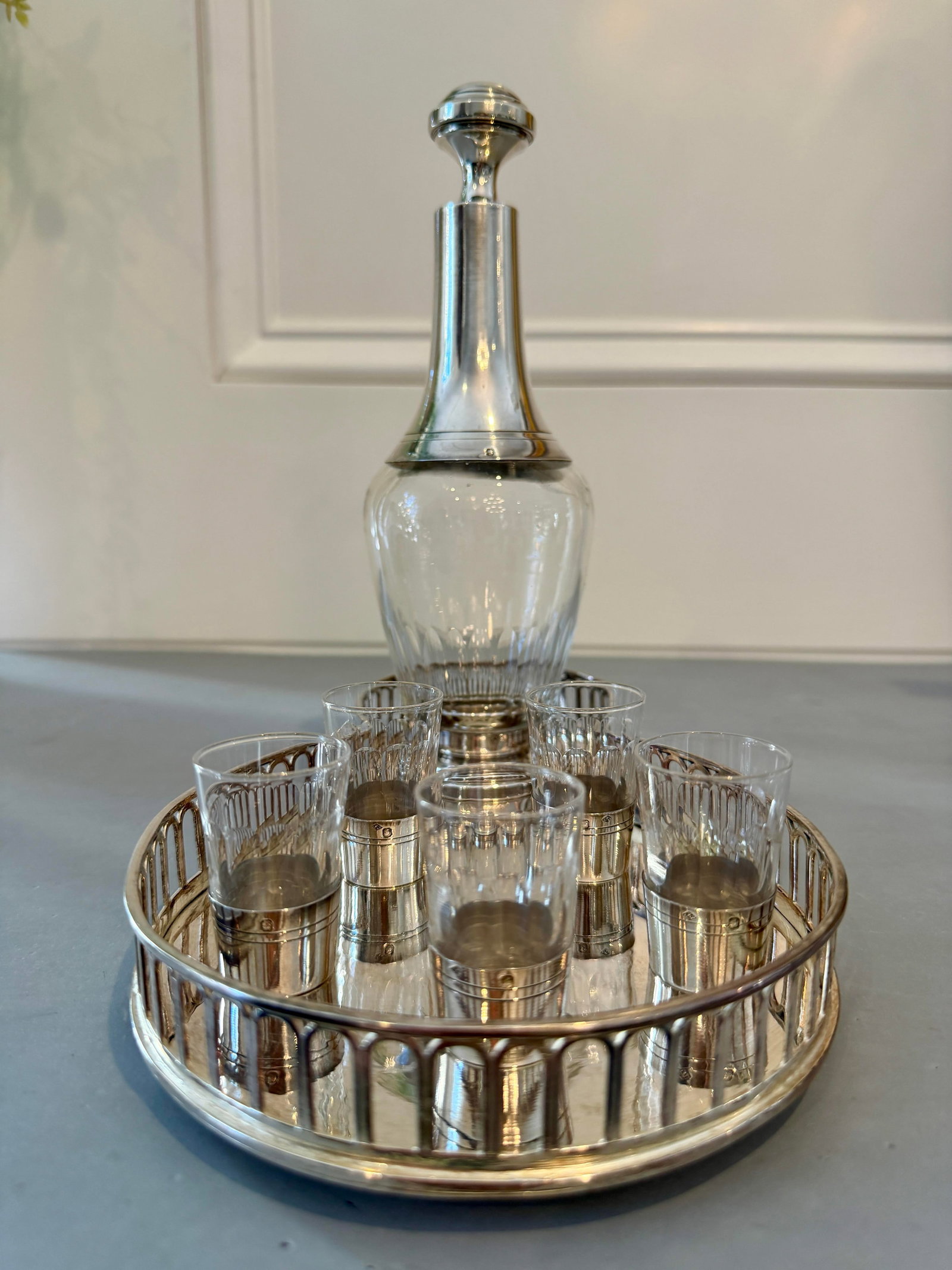 Antique French Sterling Apertif Set With Silver Plate Gallery Tray, 7pc Set - 2