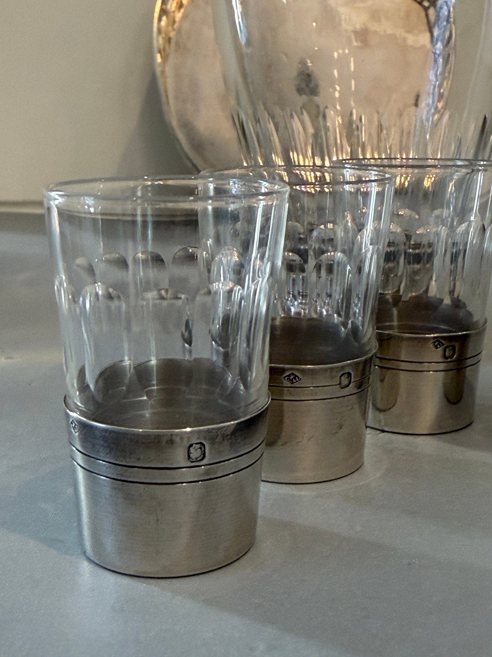 Antique French Sterling Apertif Set With Silver Plate Gallery Tray, 7pc Set - 4
