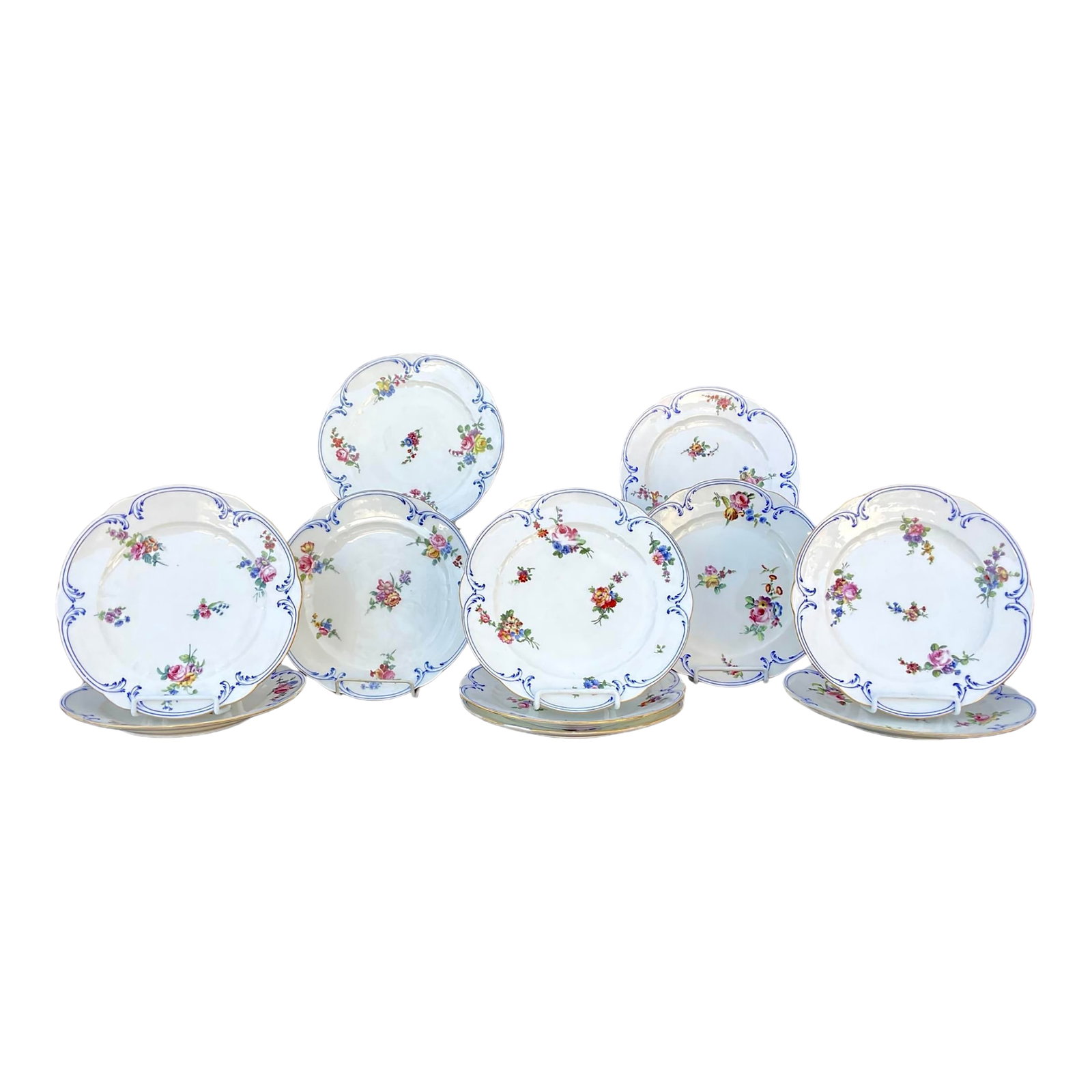 Set of 14 Hand-Painted Sèvres Porcelain Dinner Plates, 18th Century: Set of Fourteen Hand-painted Sèvres Porcelain Dinner Plates. The Manufacture de Sèvres, in Sèvres, France, was established in the 18th century, and became one of Europe's most