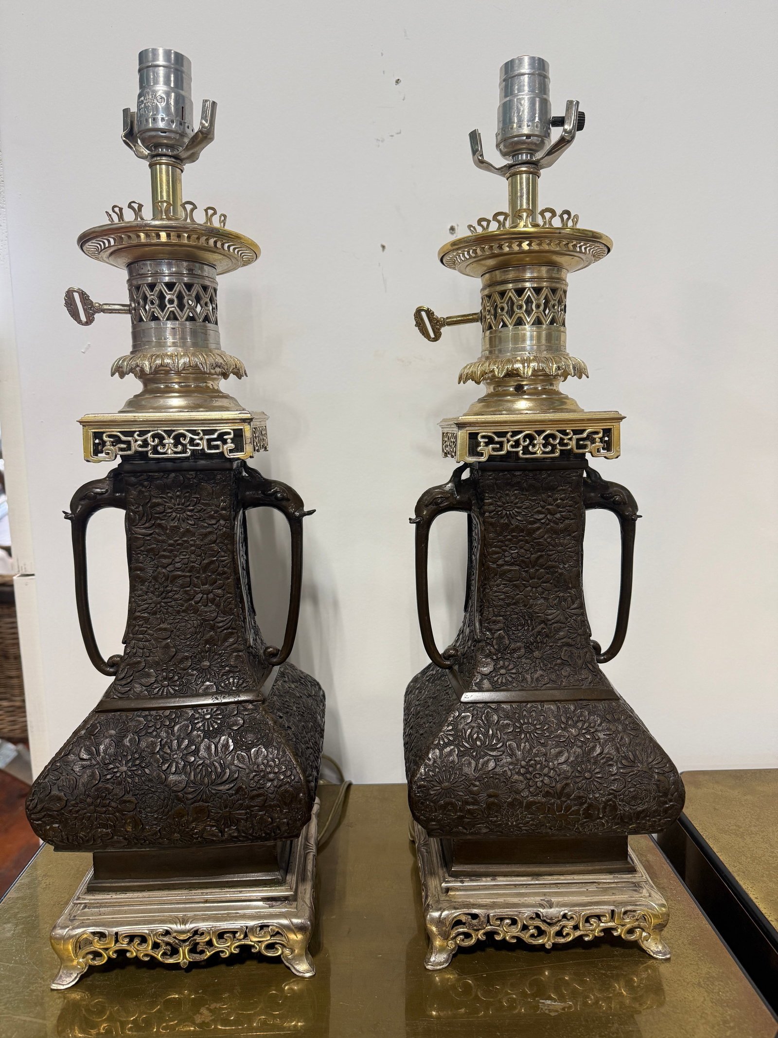 Pair, Aesthetic Movement Style East Asian Bronze Floral-Repoussé Table Lamps - 2
