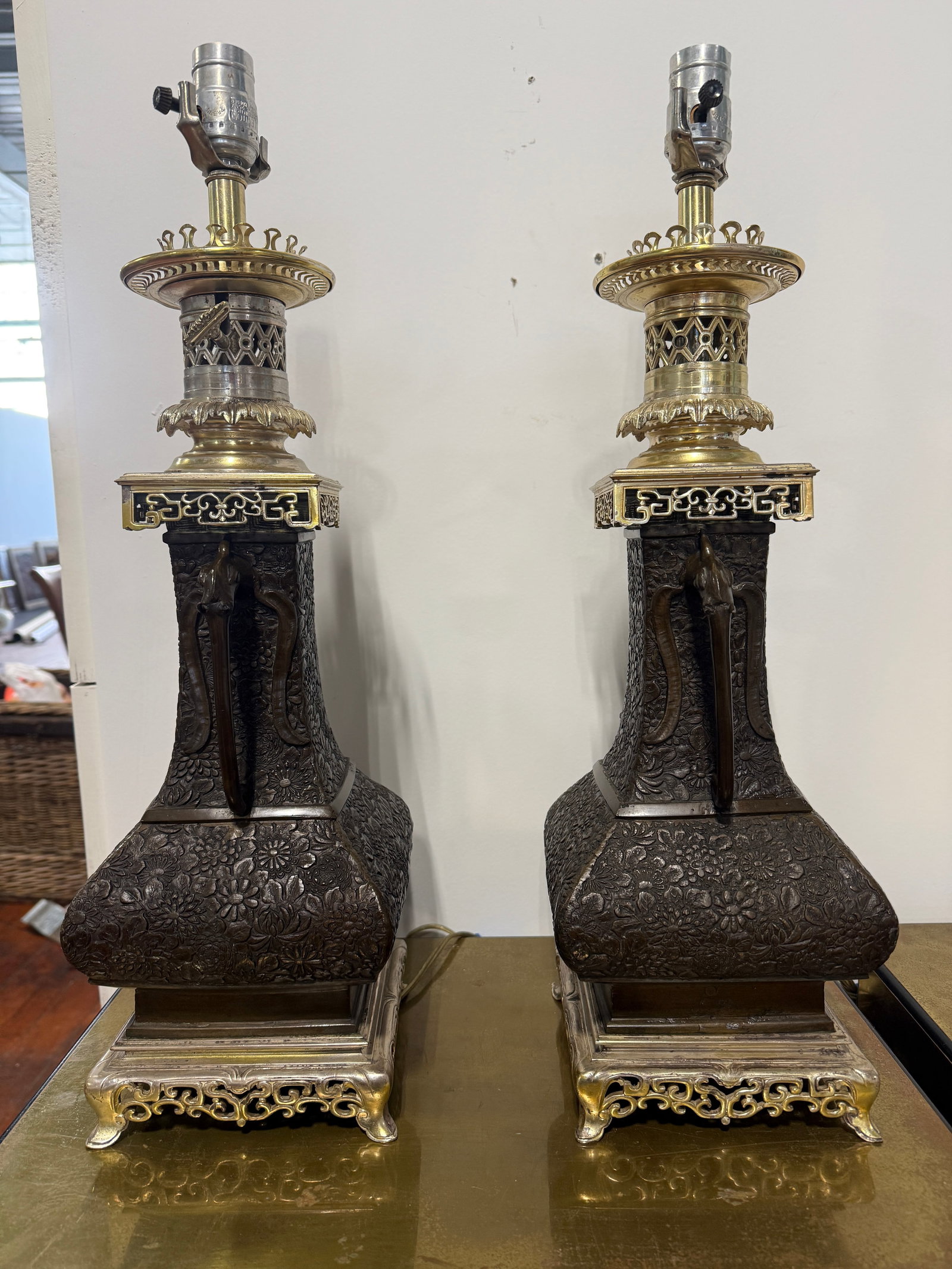 Pair, Aesthetic Movement Style East Asian Bronze Floral-Repoussé Table Lamps - 7