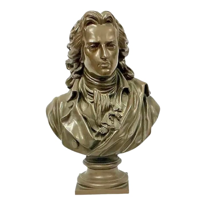 F. Barbedienne Bronze Bust of Friedrich Schiller: Bronze Bust of German Poet and Philosopher Friedrich Schiller by F. Barbedienne Foundry in France. This figure is portrayed with softly modeled features, flowing shoulder-length hair, and a