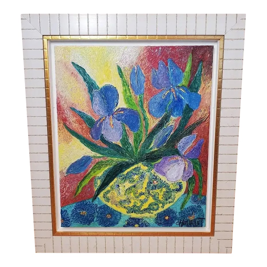 Original Céline Chourlet "Bouquet d'Iris Mauve" Oil Painting With Coa: This vibrant, original oil on canvas by contemporary French artist Céline Chourlet (b. 1969) captures a lush "Bouquet d'Iris Mauve" in a textured yellow vase. Known for her bold use of color and