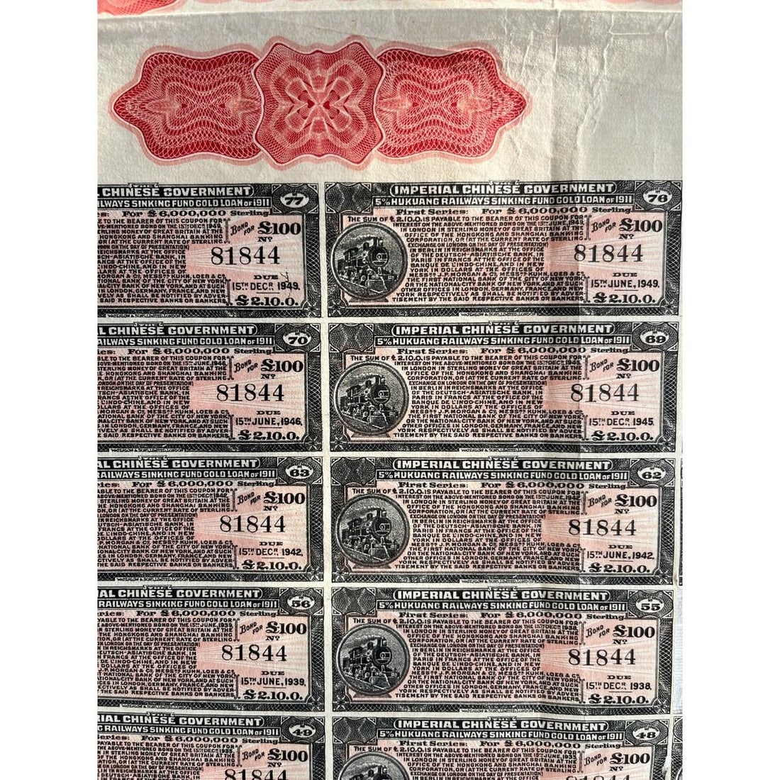 1911 Chinese Imperial Hukuang Railways Â£100 Gold Bond - Uncancelled - 7