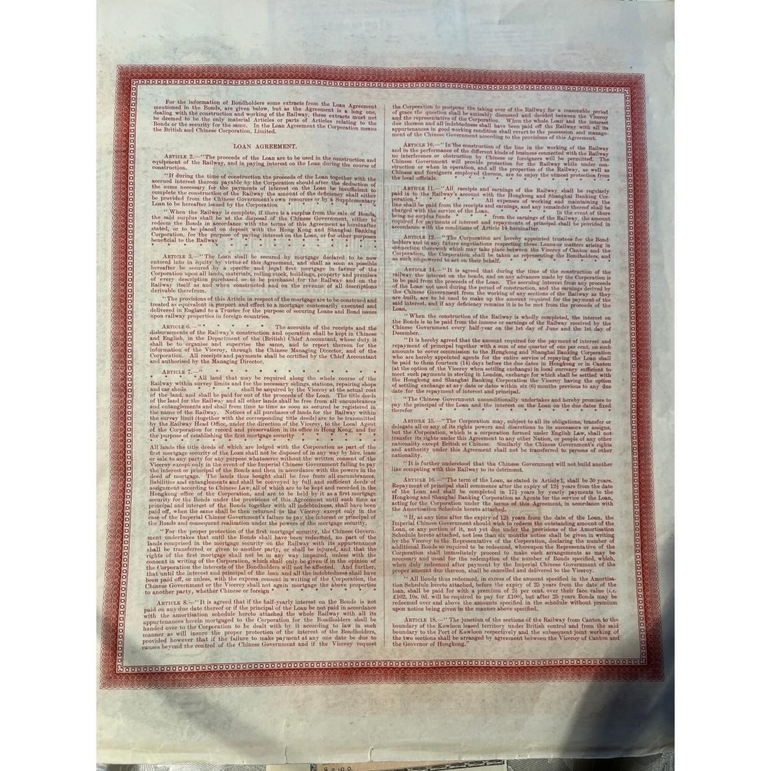 1907 Chinese Imperial Railway Canton-Kowloon Â£100 Gold Bond - Uncancelled - 7