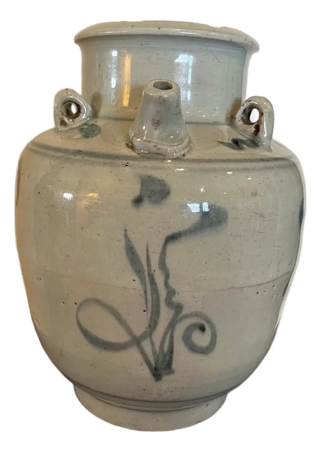 Antique 19th C Korean Style Blue & White Spouted Jar - 8" - 4-Lug Jar: For sale is a beautiful 8-inch antique blue and white spouted jar, dating to the 19th century. This piece features a striking folk-art aesthetic characteristic of Korean Joseon Dynasty "Min-hwa"