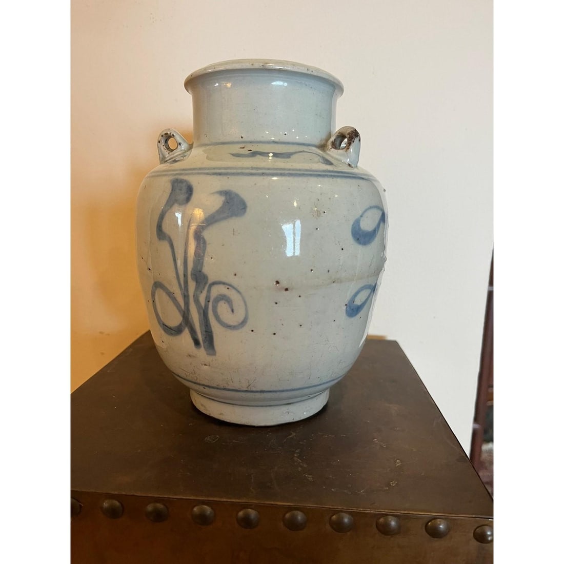 Antique 19th C Korean Style Blue & White Spouted Jar - 8" - 4-Lug Jar - 2