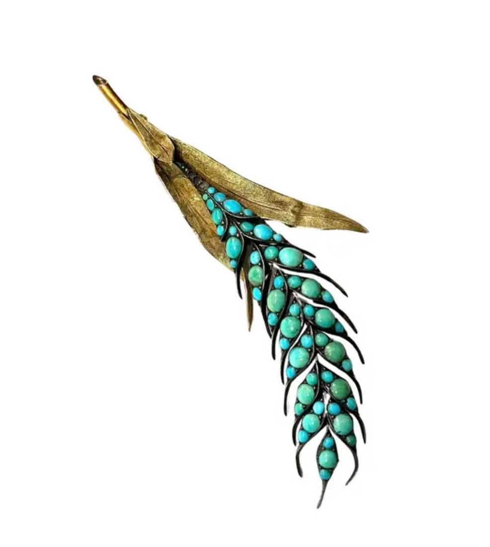 Vintage 14k Gold Turquoise Leaf-Form Brooch, Mid-20th Century, 11.19g - 2