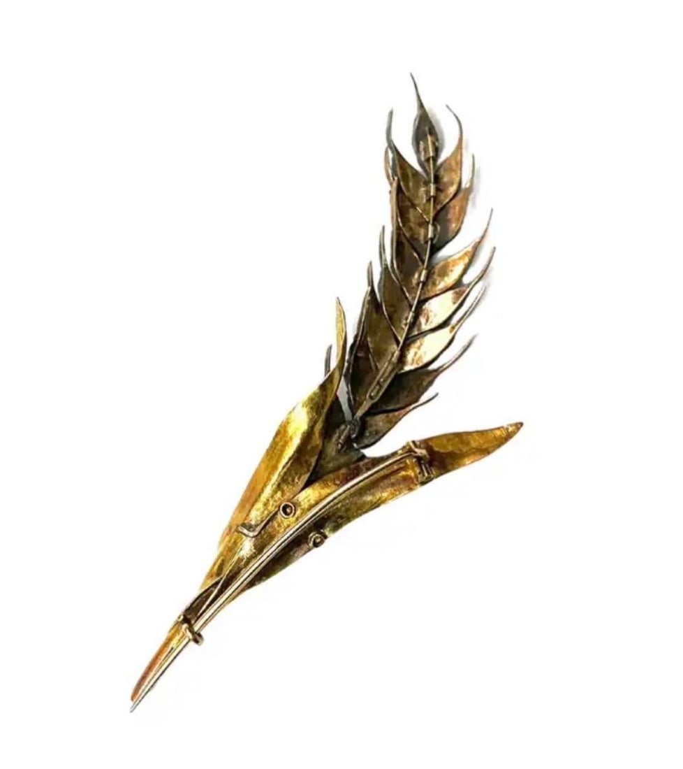 Vintage 14k Gold Turquoise Leaf-Form Brooch, Mid-20th Century, 11.19g - 7