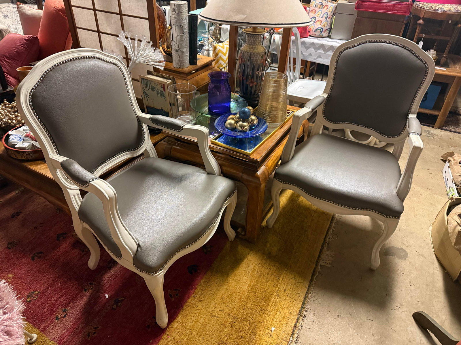 Cb2 Gray Leather and White Wood Louis IV Armchair Pair - 2