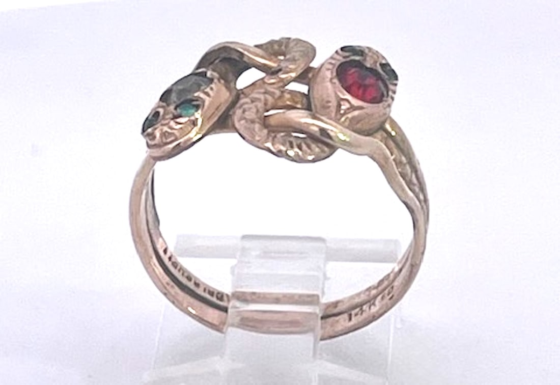 Antique Victorian 14k Yellow Gold Double Snake Ring With Gemstones, Size 6.5 - 2