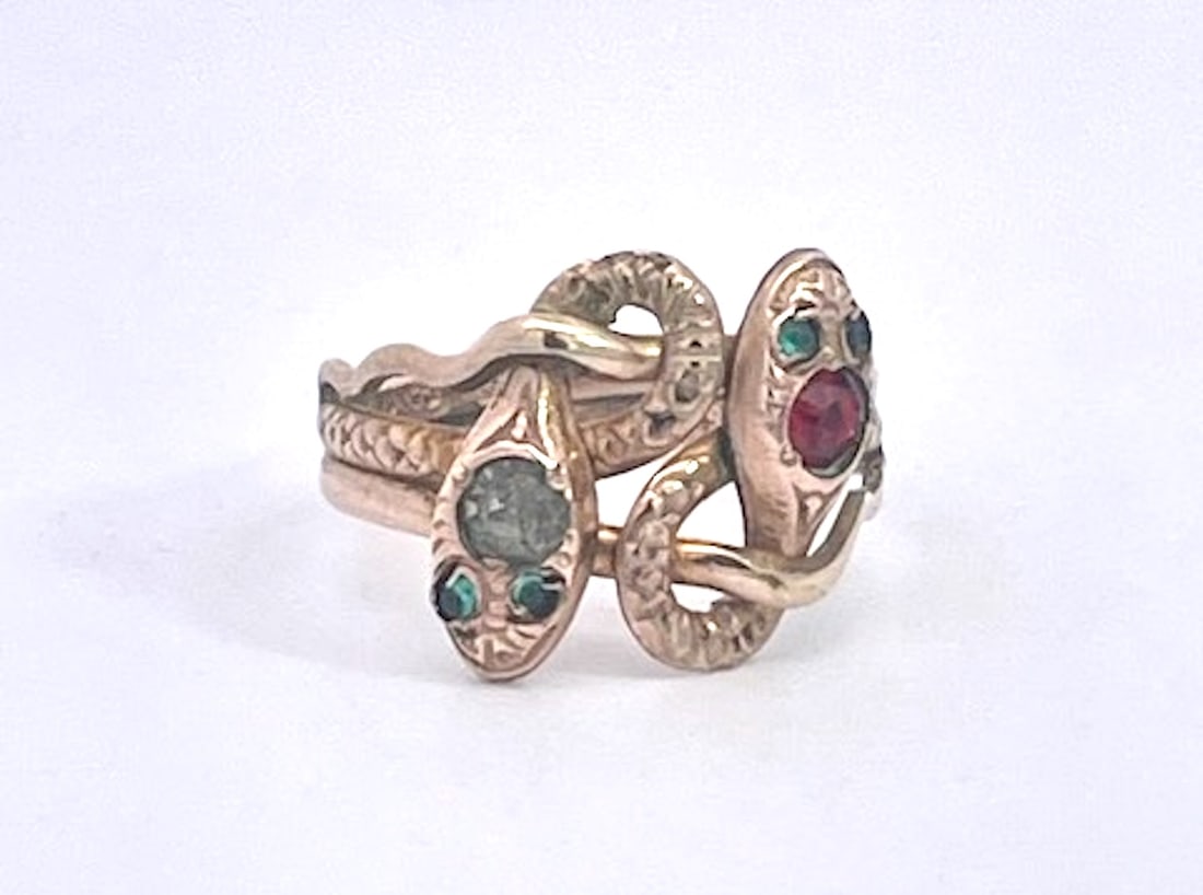 Antique Victorian 14k Yellow Gold Double Snake Ring With Gemstones, Size 6.5 - 7