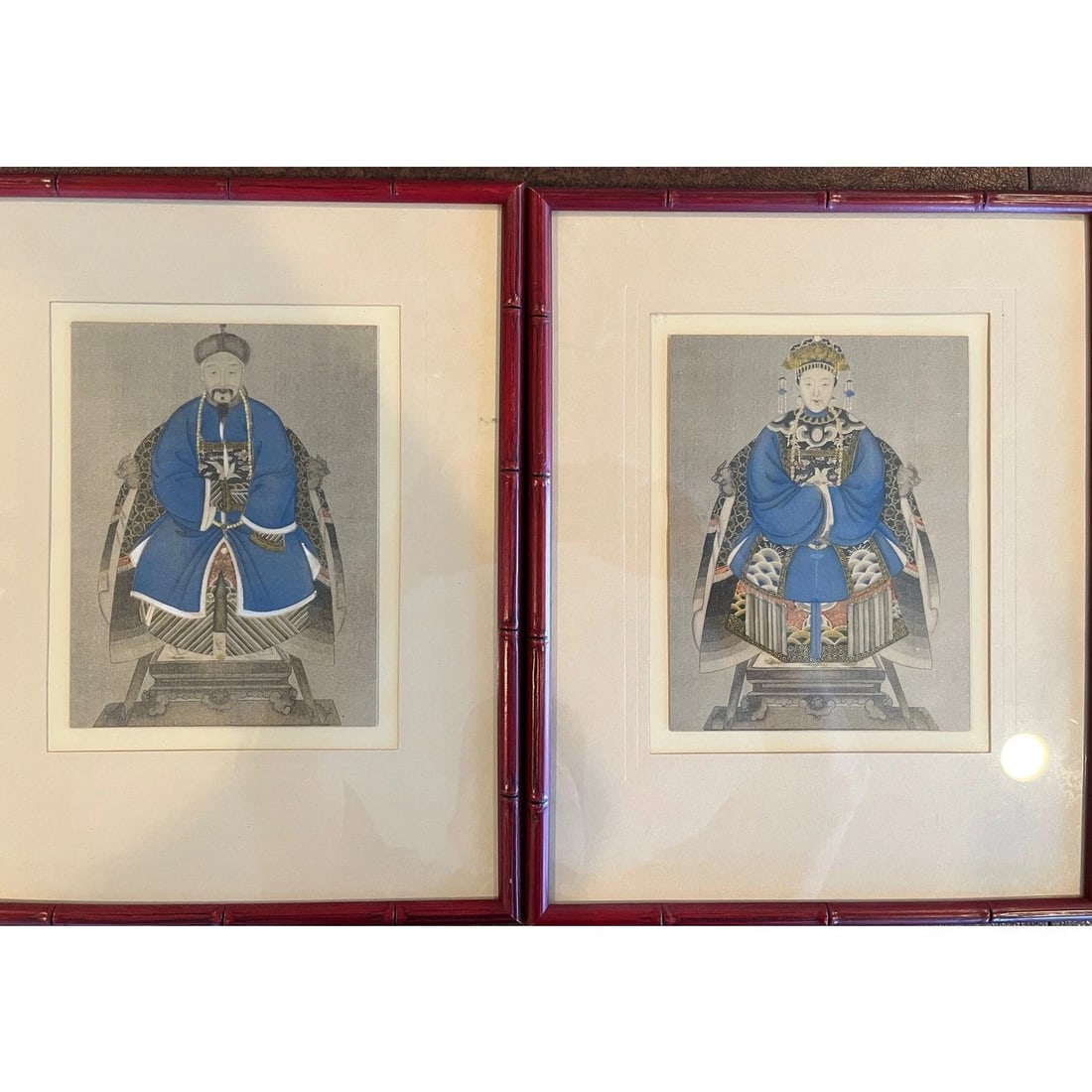 Early 20th Century Qing Dynasty Style Chinese Ancestor Portraits in Faux Bamboo - A Pair - 3