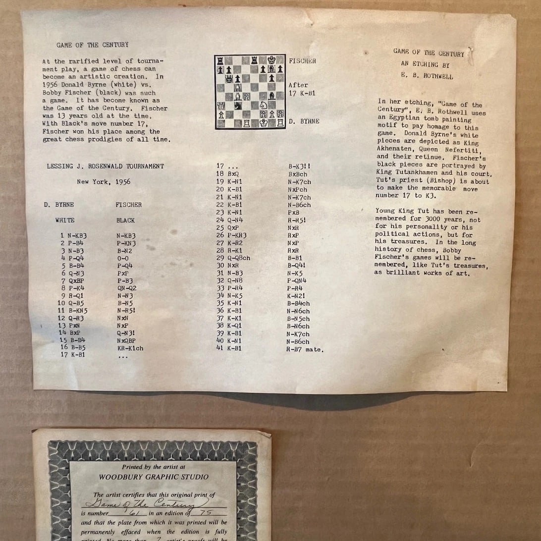 Mid 20th Century E.B. Rothwell "Game of the Century" Signed Etching 61/75 Bobby Fischer Chess - 4
