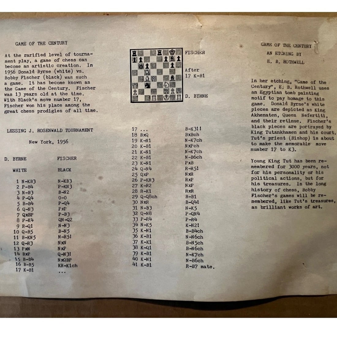 Mid 20th Century E.B. Rothwell "Game of the Century" Signed Etching 61/75 Bobby Fischer Chess - 7